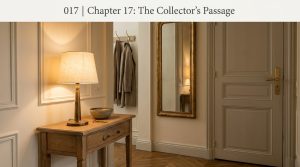Hallway console table styling featuring a brass lamp, wooden table, and vintage mirror in a narrow entryway.