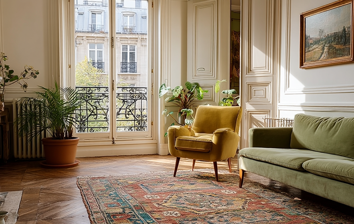 Historic apartment interior design featuring French herringbone floors, classic moldings, and eclectic seating.