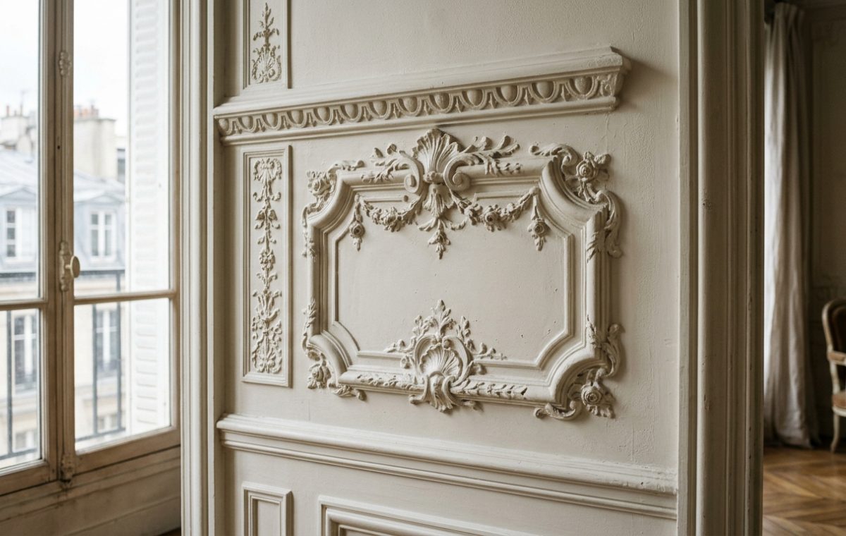 Close up of ornate French wall moulding details and plaster reliefs in a historic apartment.