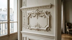 Close up of ornate French wall moulding details and plaster reliefs in a historic apartment.