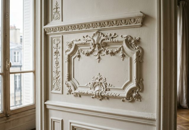 Close up of ornate French wall moulding details and plaster reliefs in a historic apartment.
