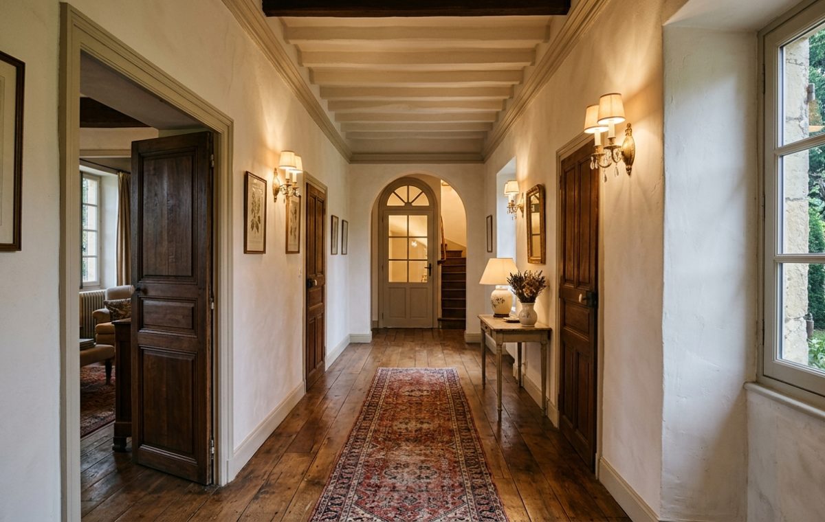 Historical hallway design featuring antique hardwood floors, vintage wall sconces, and dark wooden panel doors.