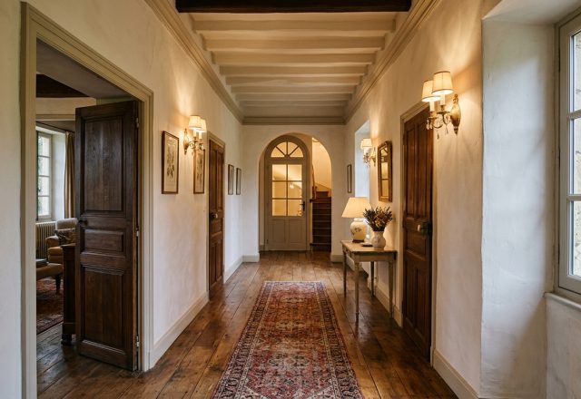 Historical hallway design featuring antique hardwood floors, vintage wall sconces, and dark wooden panel doors.