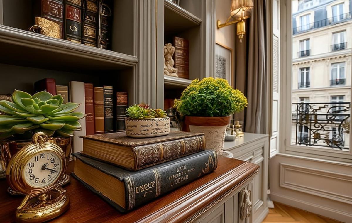 Elegant home library decor featuring built-in bookshelves, antique books, a gold clock, and succulents near a classic window.
