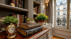 Elegant home library decor featuring built-in bookshelves, antique books, a gold clock, and succulents near a classic window.