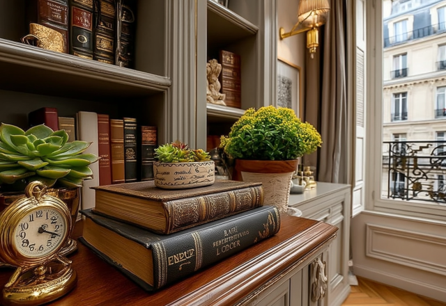 Elegant home library decor featuring built-in bookshelves, antique books, a gold clock, and succulents near a classic window.