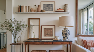Sophisticated interior styling featuring layered vintage decor, framed art, and a blue and white ceramic lamp on a marble console.