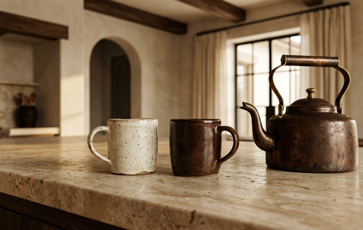 Kitchen island styling featuring a copper kettle and ceramic mugs on travertine countertops