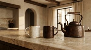 Kitchen island styling featuring a copper kettle and ceramic mugs on travertine countertops