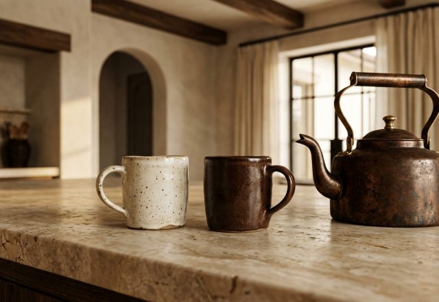 Kitchen island styling featuring a copper kettle and ceramic mugs on travertine countertops