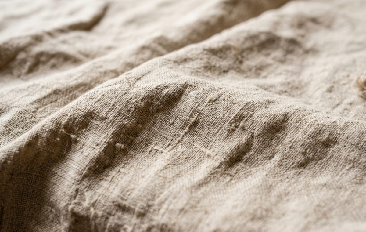 Close-up view of heavy raw linen fabric showing natural texture and woven slubs for linen fabric care.