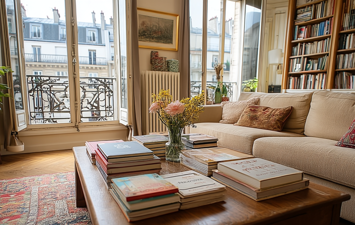 Living room coffee table styling with stacked books and flowers in front of a neutral sofa