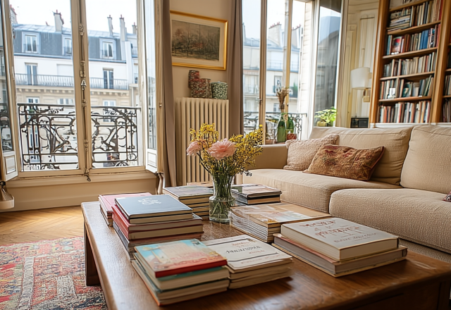 Living room coffee table styling with stacked books and flowers in front of a neutral sofa