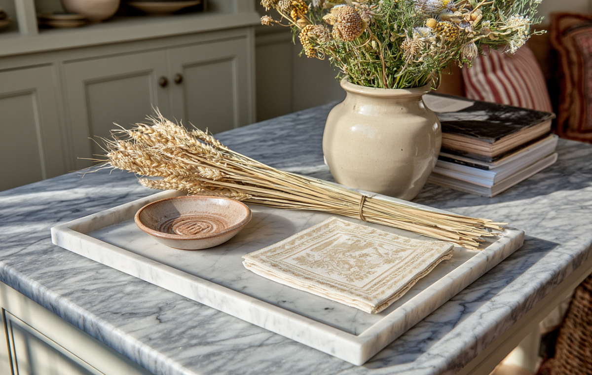 marble tray styling with dried wheat bundle and ceramic bowl on a marble tabletop