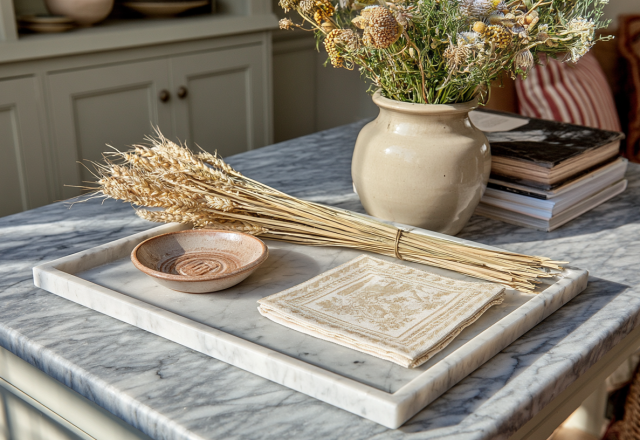 marble tray styling with dried wheat bundle and ceramic bowl on a marble tabletop