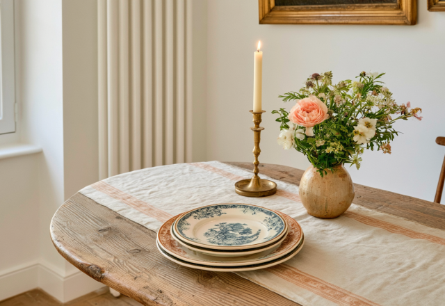 Rustic wooden dining room table styling featuring vintage plates, a brass candle holder, and a vase of flowers.