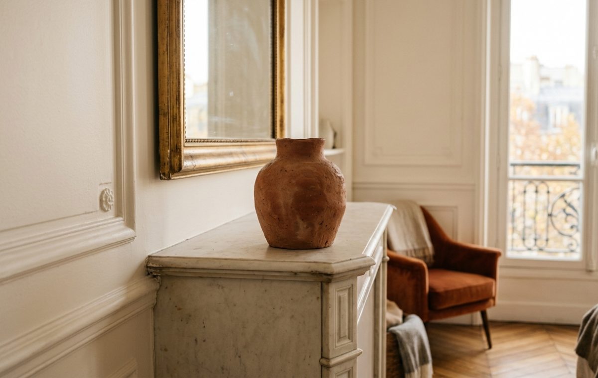Minimalist mantel styling featuring a terracotta vase on a white marble fireplace with gold mirror and French windows in background