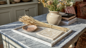 marble coffee table styling with a tray holding dried wheat and a small ceramic dish