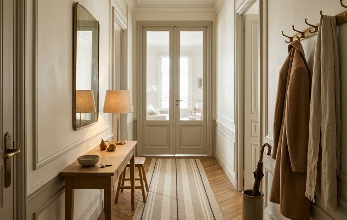 Elegant narrow hallway decor featuring a slim console table, warm wall lamp, mirror, and brass coat hooks.
