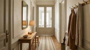 Elegant narrow hallway decor featuring a slim console table, warm wall lamp, mirror, and brass coat hooks.