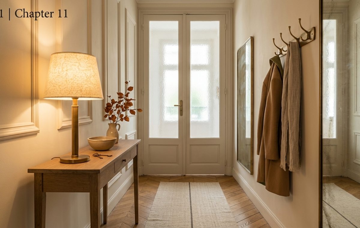 Elegant narrow hallway decor featuring a slim console table, warm lamp, and wooden floors.
