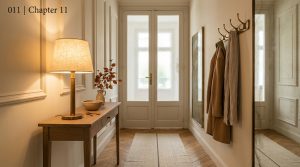 Elegant narrow hallway decor featuring a slim console table, warm lamp, and wooden floors.