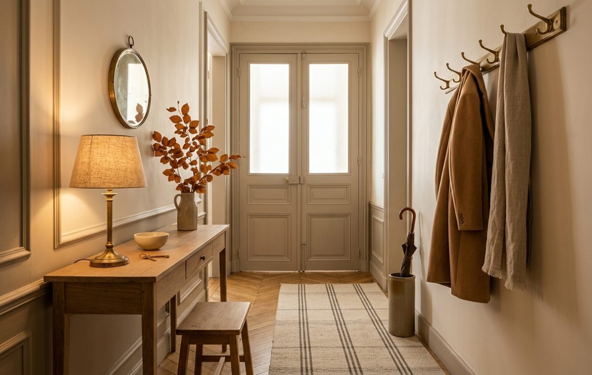 Warm and inviting narrow hallway decor featuring a slim console table, coat hooks, and ambient lighting.