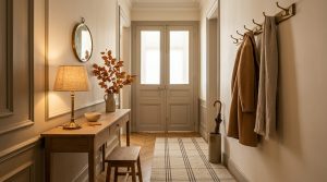 Warm and inviting narrow hallway decor featuring a slim console table, coat hooks, and ambient lighting.