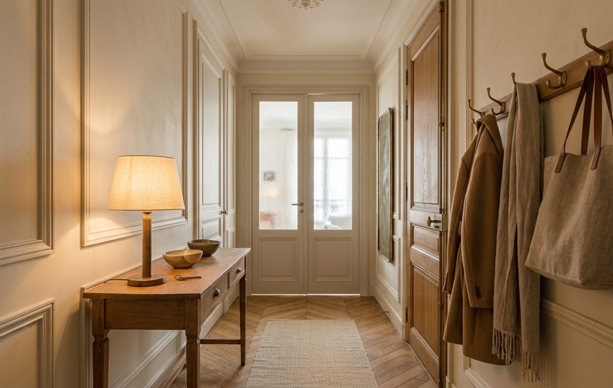 A narrow hallway design featuring neutral wall paneling, a wooden console table with a lamp, and a coat rack.