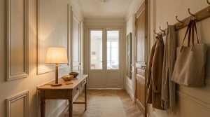 A narrow hallway design featuring neutral wall paneling, a wooden console table with a lamp, and a coat rack.