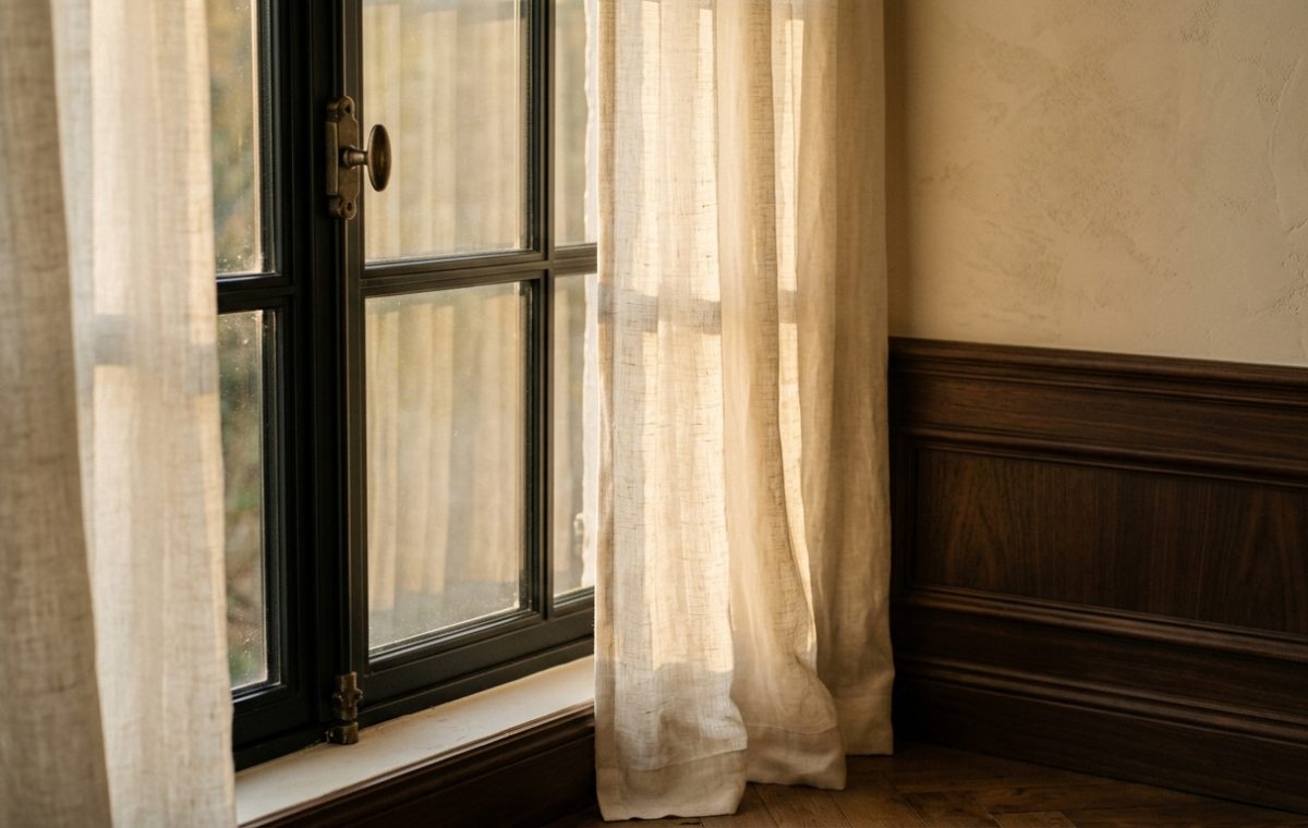 Natural light interior design featuring sheer linen curtains and dark wood wainscoting.