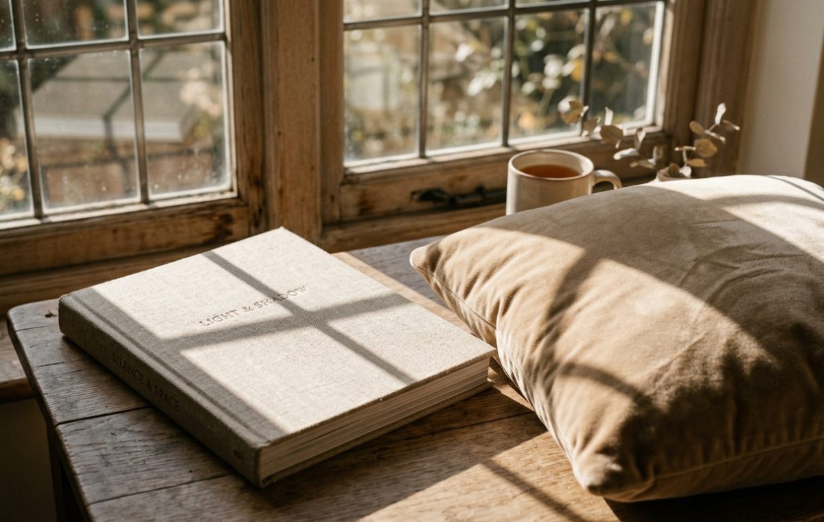 Natural light interior photography showing a book and velvet pillow by a sunny window sill.