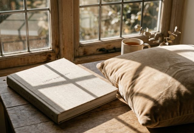 Natural light interior photography showing a book and velvet pillow by a sunny window sill.