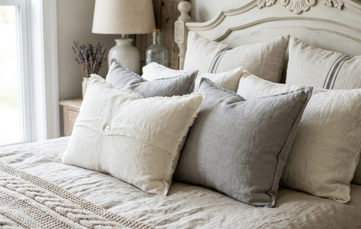 Layered neutral bedroom pillows and linen bedding on a wooden bed frame