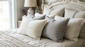 Layered neutral bedroom pillows and linen bedding on a wooden bed frame