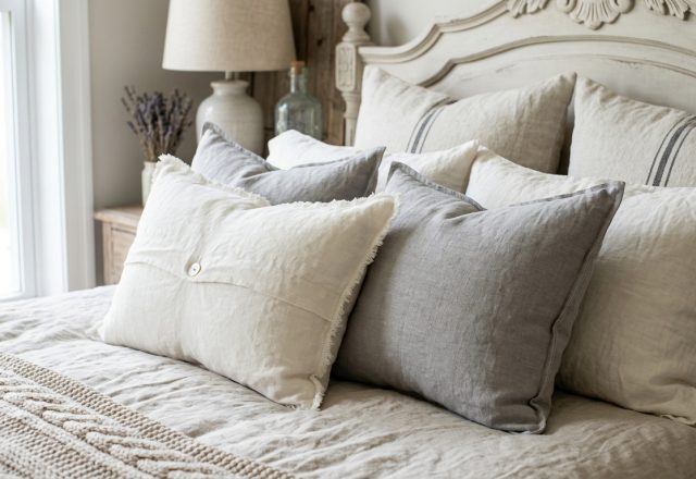 Layered neutral bedroom pillows and linen bedding on a wooden bed frame