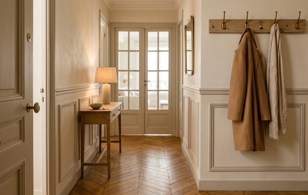 Elegant neutral hallway decor featuring wainscoting, herringbone wood floors, and a slim console table.