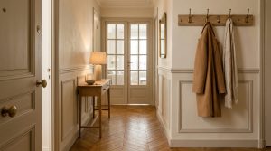 Elegant neutral hallway decor featuring wainscoting, herringbone wood floors, and a slim console table.