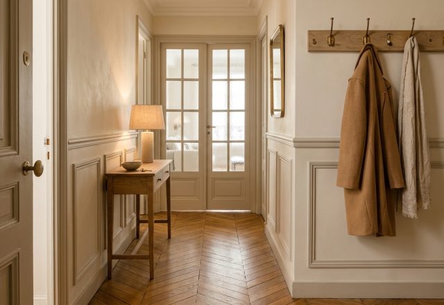 Elegant neutral hallway decor featuring wainscoting, herringbone wood floors, and a slim console table.