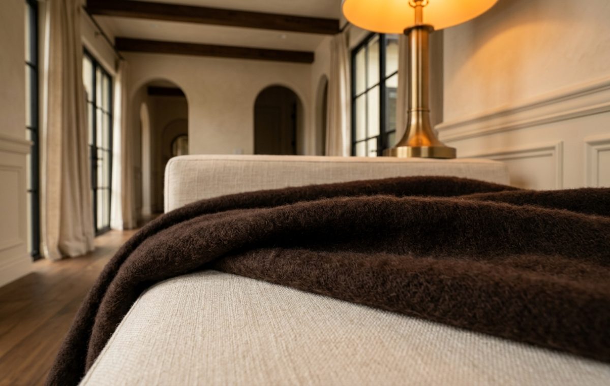 Close-up of a dark brown throw blanket on a neutral linen bench inside a styled living room with archways.