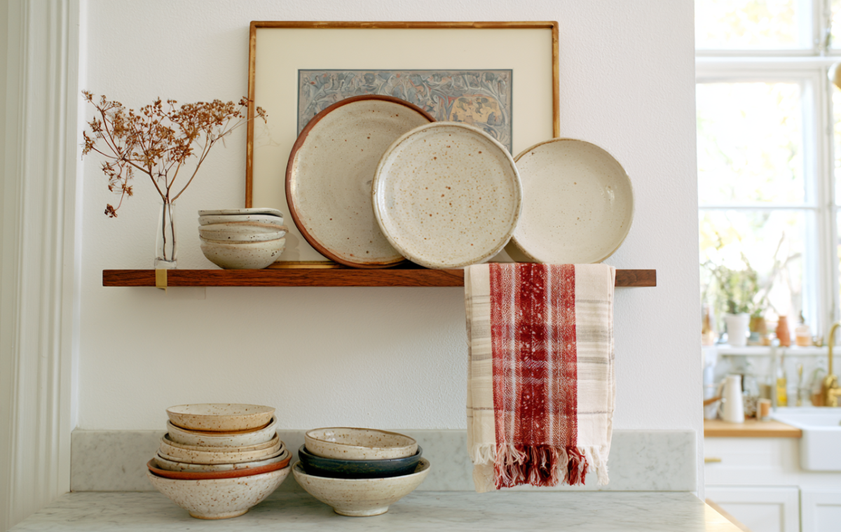 Open kitchen shelving styled with handmade ceramic plates, bowls, framed art, and a hanging red patterned towel.