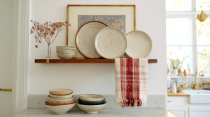 Open kitchen shelving styled with handmade ceramic plates, bowls, framed art, and a hanging red patterned towel.