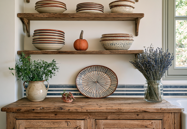 Open kitchen shelving styled with ceramic plates, a pumpkin, and dried lavender in a rustic kitchen.