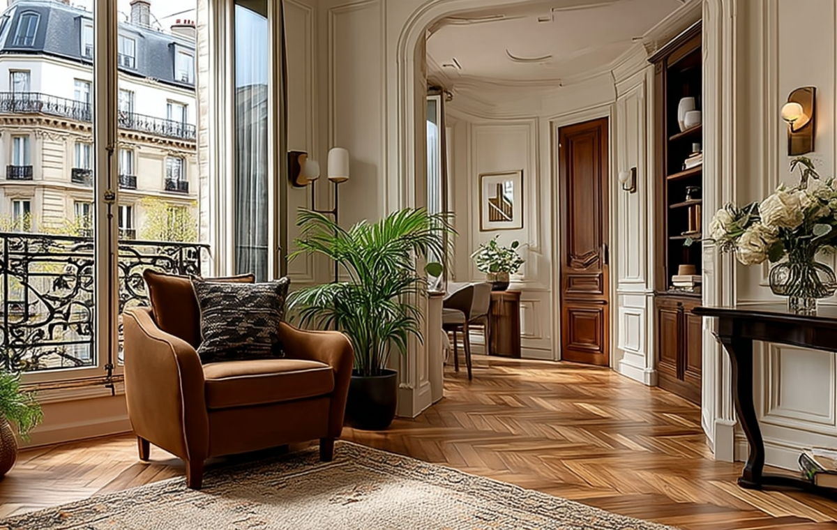 Bright living room with herringbone parquet flooring, velvet armchair, and tall balcony doors.