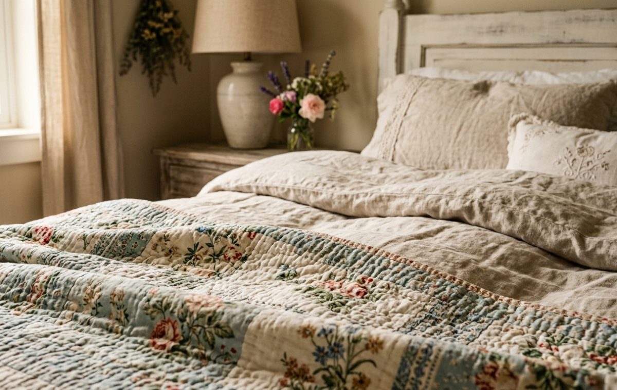 Vintage floral patchwork quilt bed styling in a rustic cottage bedroom with neutral linen layers