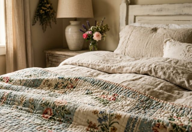 Vintage floral patchwork quilt bed styling in a rustic cottage bedroom with neutral linen layers