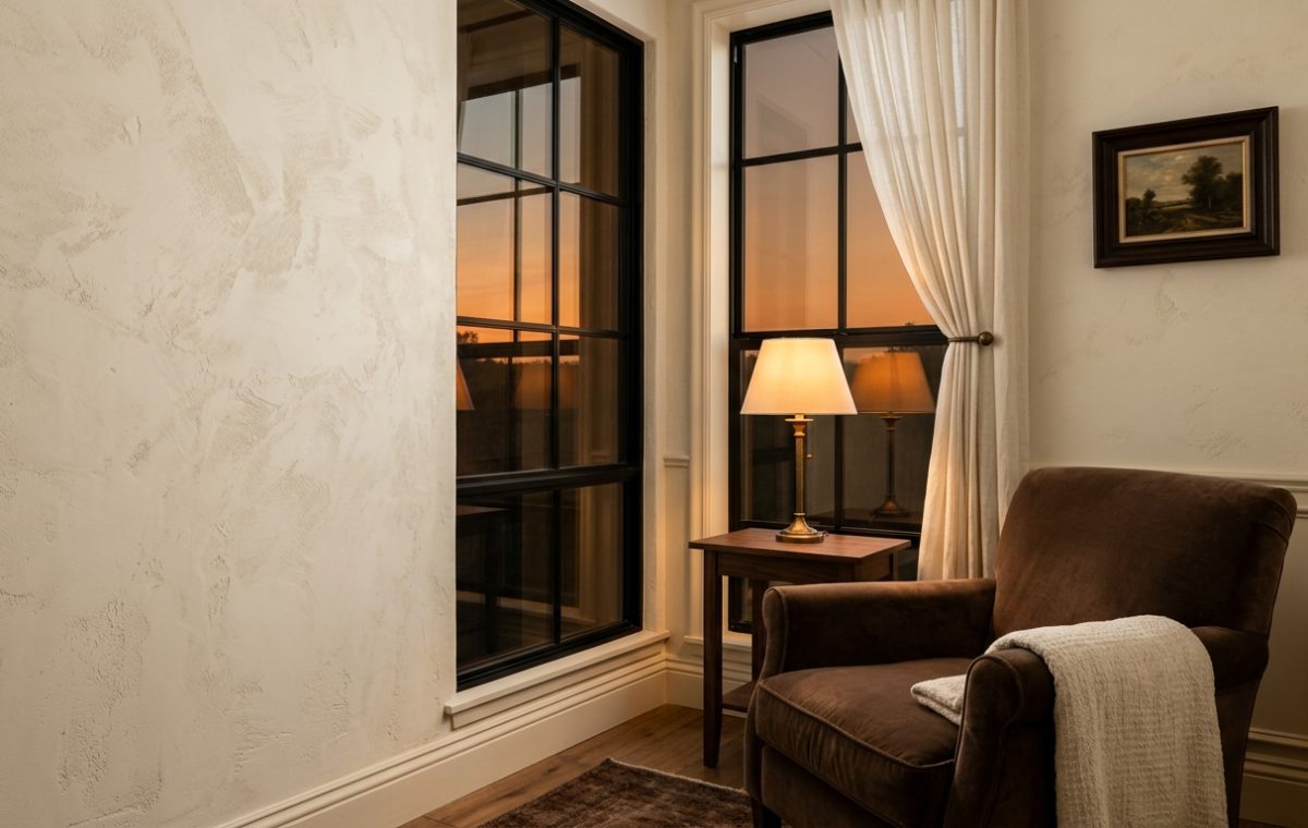 Cozy reading nook with a brown armchair, table lamp, and dark-framed windows during sunset