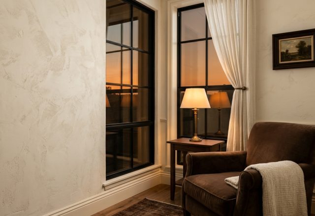 Cozy reading nook with a brown armchair, table lamp, and dark-framed windows during sunset
