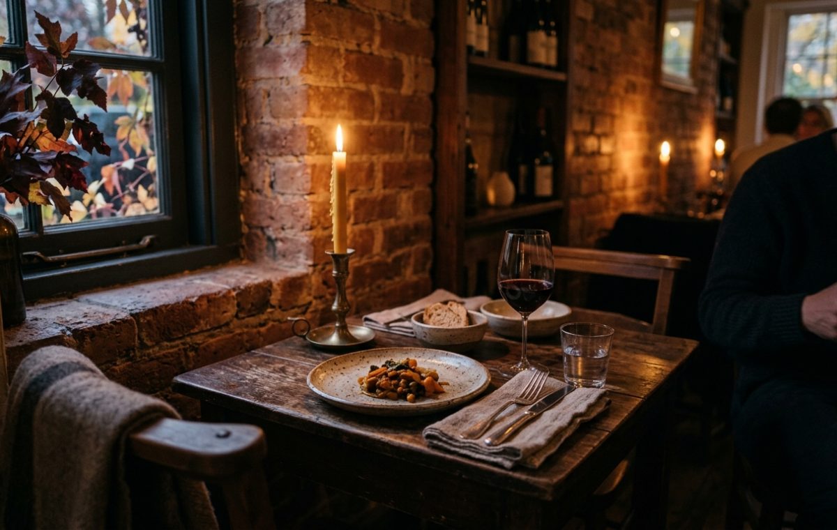 A cozy restaurant table set with a taper candle, ceramic plate, and red wine glass against an exposed brick wall.