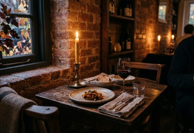 A cozy restaurant table set with a taper candle, ceramic plate, and red wine glass against an exposed brick wall.